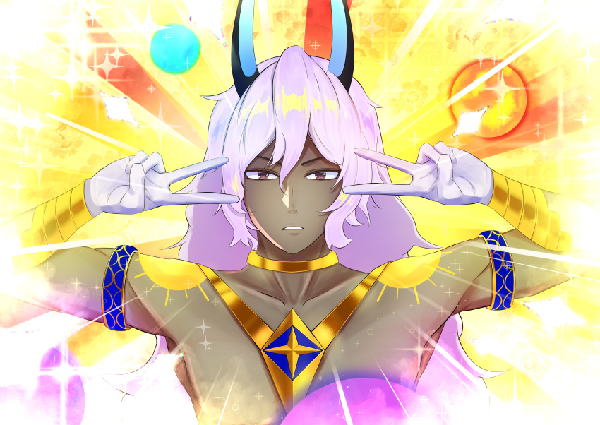 1boy absurdres arjuna_(fate) arjuna_alter_(fate) armlet bracer dark-skinned_male dark_skin double_v emotional_engine_-_full_drive fate/grand_order fate_(series) gloves grey_eyes grey_hair hair_between_eyes hands_up highres horns jewelry long_hair looking_at_viewer male_focus neck_ring nishiuji orb parody parted_lips shoulder_tattoo solo sparkle sunburst sunburst_background tattoo v white_gloves yellow_background