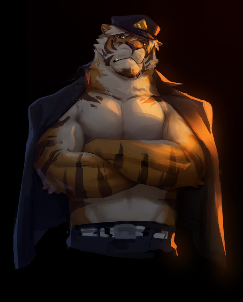 2019 absurd_res anthro bare_chest belt biceps black_background bottomwear bozi brown_body brown_fur brown_stripes clothed clothing coat crossed_arms digital_media_(artwork) felid frown fur hair hat headgear headwear hi_res looking_at_viewer male mammal muscular muscular_anthro muscular_male open_clothing open_coat open_topwear orange_body orange_fur pantherine pants pecs pink_nose police police_uniform simple_background solo stripes teeth tiger topwear uniform unimpressed white_body white_fur white_hair