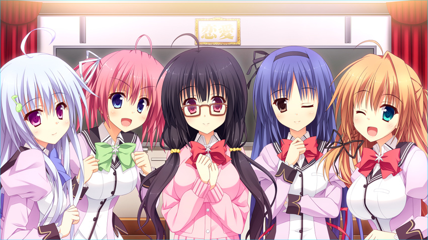 aki_suzuka amane_haneshiro game_cg glace glasses group headband hikage_honoka ichinose_himeno koishiki_manual saeki_nao seifuku shinomiya_shinobu wink