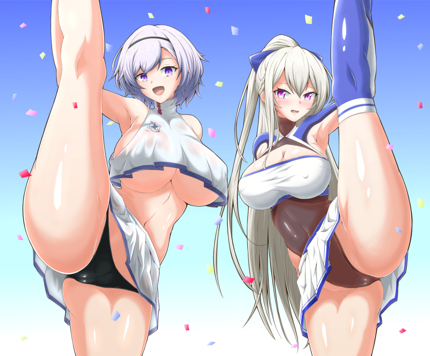 2girls :d arm_behind_back armpit_cutout armpits ass azur_lane bare_legs bare_shoulders black_hairband black_panties blue_background blue_thighhighs blush bow braid breasts casablanca_(azur_lane) casablanca_(cheer_squad_on_break)_(azur_lane) cheerleader cleavage clothing_cutout commentary_request confetti covered_collarbone covered_navel covered_nipples cowboy_shot crop_top crop_top_overhang eagle_union_(emblem) gradient_background grey_hair groin hair_between_eyes hairband hairbow highres holding_own_foot kumanosita large_breasts leg_grab leg_lift leg_up leotard leotard_under_clothes long_hair long_sleeves looking_at_viewer midriff miniskirt multiple_girls navel no_bra nose_blush official_alternate_costume open_mouth panties parted_hair pleated_skirt purple_bow purple_eyes reno_(azur_lane) reno_(biggest_little_cheerleader)_(azur_lane) see-through see-through_skirt shiny_clothes shiny_skin shirt short_hair sidelocks simple_background skirt sleeveless smile split standing standing_on_one_leg standing_split thighhighs two-tone_skirt underboob underwear white_background white_skirt