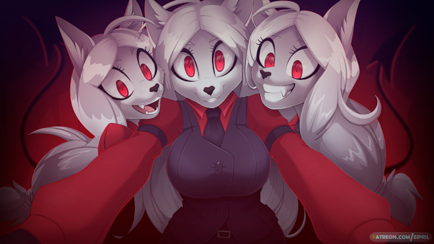 16:9 2021 absurd_res anthro anthrofied big_breasts breasts canid canid_demon canine cerberus_(helltaker) clothed clothing demon eipril female female_anthro hair hellhound helltaker hi_res mammal mythological_canine mythological_creature mythology red_eyes sibling_(lore) smile solo text triplets_(lore) url white_hair widescreen