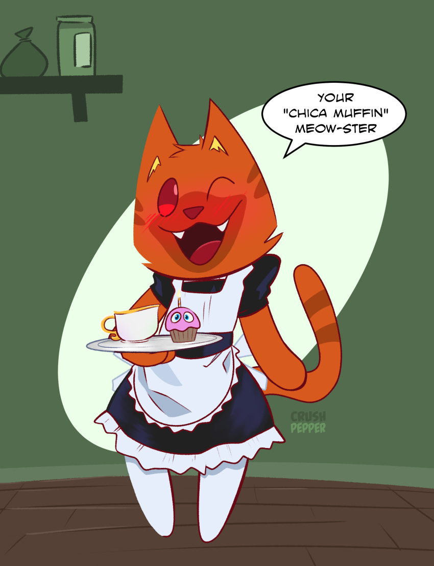 absurd_res anthro beverage cafe clothing crushpepper cupcake cupcake_(fnaf) dialogue domestic_cat english_text fangs felid feline felis five_nights_at_freddy's floor food fur green_background hi_res humor legwear maid_uniform male mammal one_eye_closed open_mouth orange_body orange_fur pepper_(crushpepper) pun red_eyes scottgames simple_background solo stockings tea teeth text uniform wink wood wood_floor