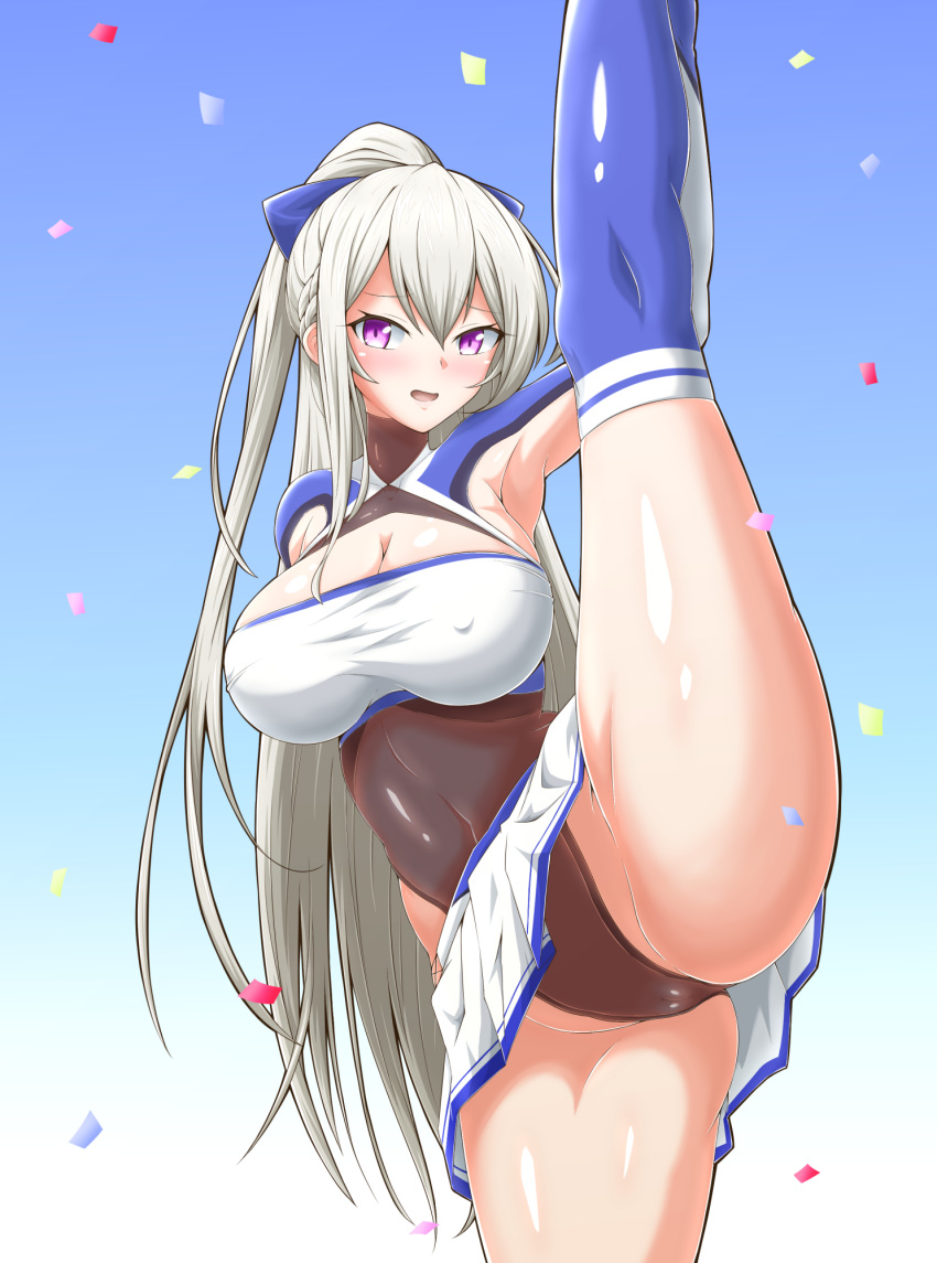 :d armpit_cutout armpits ass azur_lane blue_background blue_thighhighs blush bow braid breasts casablanca_(azur_lane) casablanca_(cheer_squad_on_break)_(azur_lane) cheerleader cleavage clothing_cutout commentary_request confetti covered_collarbone covered_navel covered_nipples cowboy_shot crop_top female gradient_background grey_hair groin hair_between_eyes hairbow highres kumanosita large_breasts leg_grab leg_lift leg_up leotard leotard_under_clothes long_hair long_sleeves looking_at_viewer midriff miniskirt nose_blush official_alternate_costume open_mouth pleated_skirt purple_bow purple_eyes shiny_skin sidelocks simple_background skirt smile solo split standing standing_on_one_leg standing_split thighhighs two-tone_skirt white_background white_skirt