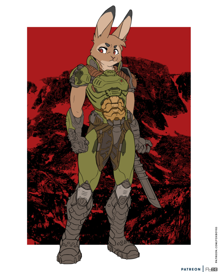 4:5 5_fingers anthro armor brown_body brown_fur clothed clothing colored daisy_(doom) digital_media_(artwork) doom_(series) doom_slayer female fingers flat_colors foxboy83 full-length_portrait fur hi_res id_software lagomorph leporid mammal microsoft portrait rabbit red_eyes simple_background solo standing