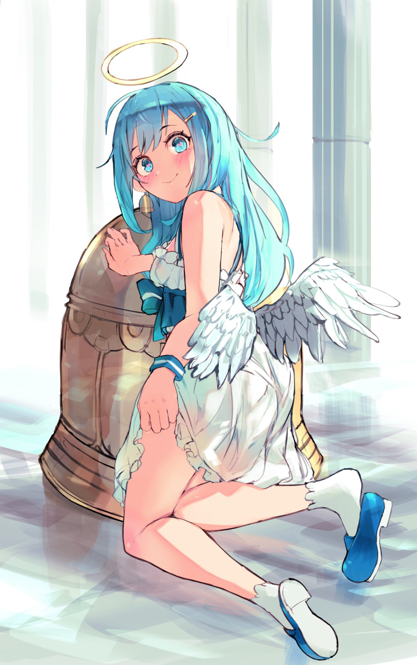 absurdres bell bell_earrings bellringer_angel blue_eyes blue_footwear blue_hair blue_wristband blush column commentary dress earrings feathered_wings female hair_ornament hairclip halo highres jewelry kneeling long_hair looking_at_viewer orr_(kkkkbbbbc) pillar shadowverse skirt_hold smile socks solo white_dress white_socks white_wings wings