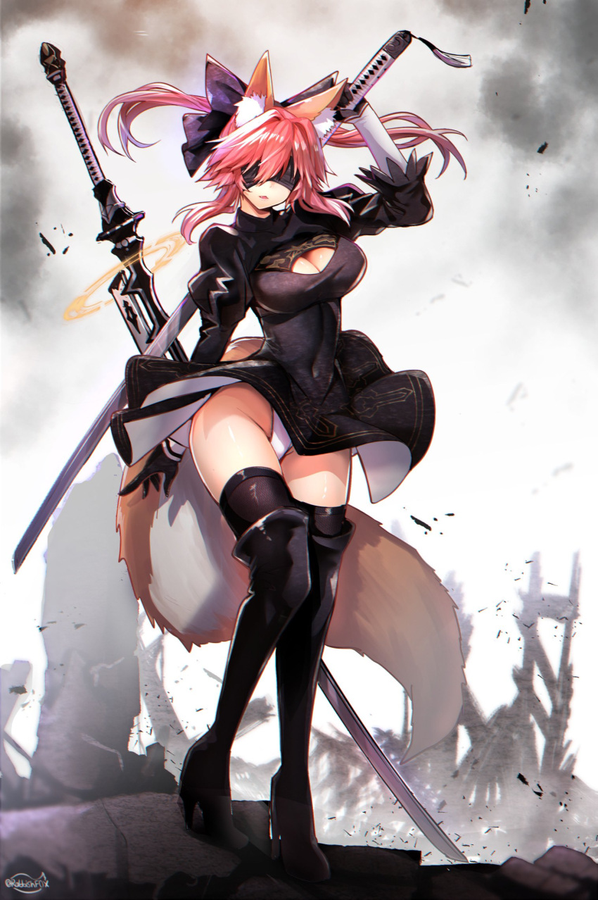 2b_(nier:automata) 2b_(nier:automata)_(cosplay) animal_ears back_cutout black_blindfold black_bow blindfold boots bow breasts cleavage clothing_cutout commentary cosplay covered_eyes elbow_gloves fate/extra fate_(series) feather-trimmed_sleeves female floating floating_object floating_weapon fox_ears fox_girl fox_tail gloves grey_sky hairband high_heels highleg highleg_leotard highres holding holding_weapon juliet_sleeves large_breasts leotard long_sleeves nier:automata nier_(series) oerba_yun_fang open_mouth outdoors pink_hair ponytail puffy_sleeves ruins sky smoke solo standing sword tail tamamo_(fate) tamamo_no_mae_(fate/extra) thigh_boots thighhighs thighhighs_under_boots thong_leotard virtuous_contract virtuous_treaty weapon white_leotard wisespeak