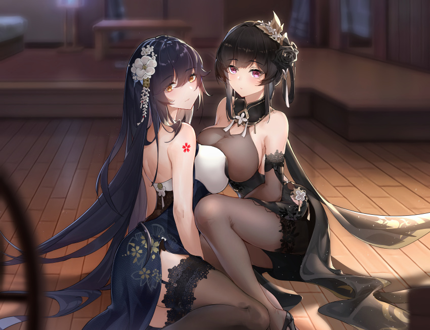 2girls absurdres azuma_(azur_lane) azuma_(soft_voice_of_spring)_(azur_lane) azur_lane backless_outfit bare_shoulders black_dress black_flower black_garter_straps black_hair black_rose bodystocking breast_press breasts check_commentary chen_hai_(azur_lane) chen_hai_(vestibule_of_wonders)_(azur_lane) china_dress chinese_clothes commentary_request dearduam dress elbow_gloves floral_print flower from_behind garter_straps gloves hair_flower hair_ornament high_heels highres lace-trimmed_gloves lace-trimmed_legwear lace_trim large_breasts long_hair multiple_girls official_alternate_costume partial_commentary rose seiza shoulder_tattoo side_slit sitting tattoo taut_clothes taut_dress tight_clothes tight_dress white_flower yellow_eyes