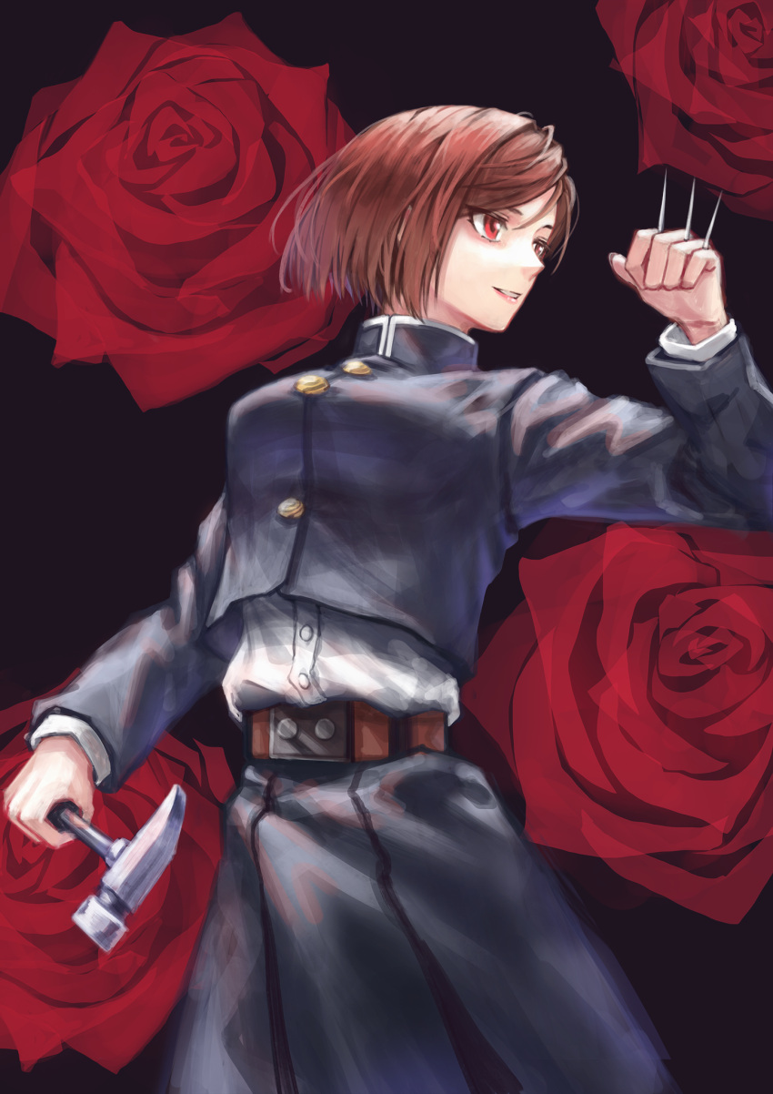 belt black_background brown_belt brown_hair claw_hammer commentary female fighting_stance flower hammer highres holding holding_hammer holding_nail holding_weapon jujutsu_kaisen jujutsu_tech_uniform kugisaki_nobara level9kaito nail parted_lips red_eyes red_flower red_rose rose school_uniform short_hair skirt smile solo symbol-only_commentary turtleneck weapon