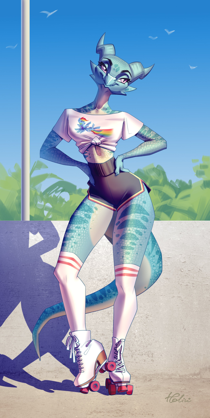 absurd_res anthro blue_body blue_scales bottomwear clothing dolphin_shorts dragon female friendship_is_magic hands_on_hips hasbro hi_res high_waisted_bottomwear high_waisted_shorts holivi horn hotpants inline_skates knee_highs legwear long_socks my_little_pony mythological_creature mythological_scalie mythology pose pupils purple_eyes rainbow_dash_(mlp) roller_skates scales scalie shirt shorts skinny_female slit_pupils solo standing t-shirt tail topwear