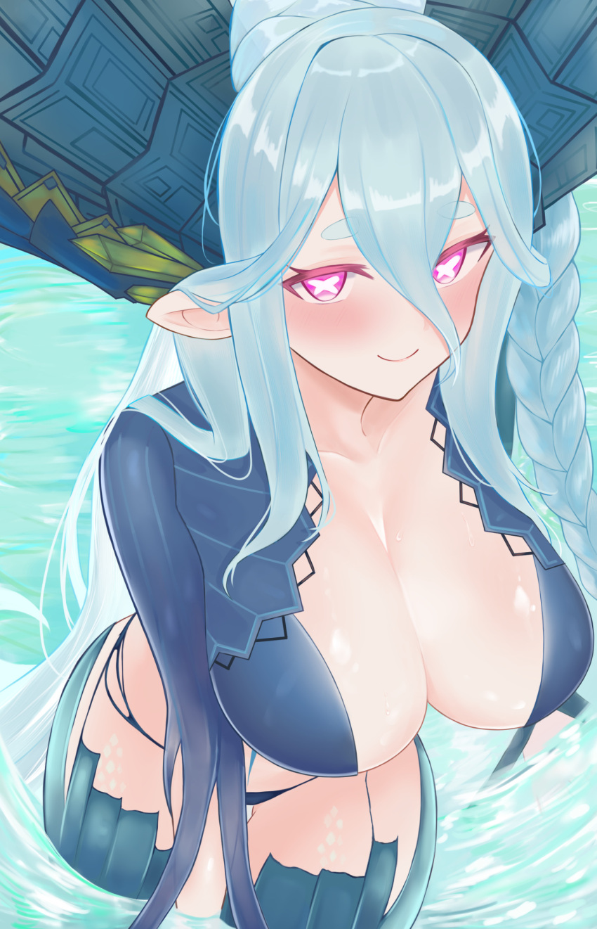 +_+ absurdres blue_hair blush breasts cleavage collarbone commentary dragon_horns fate/grand_order fate/grand_order_arcade fate_(series) female from_above hair_between_eyes highres horns in_water large_breasts larva_tiamat_(fate) larva_tiamat_(third_ascension)_(fate) looking_at_viewer pink_eyes pointy_ears revealing_clothes solo stomach_tattoo tattoo thighhighs tiamat_(fate) water wennananyan