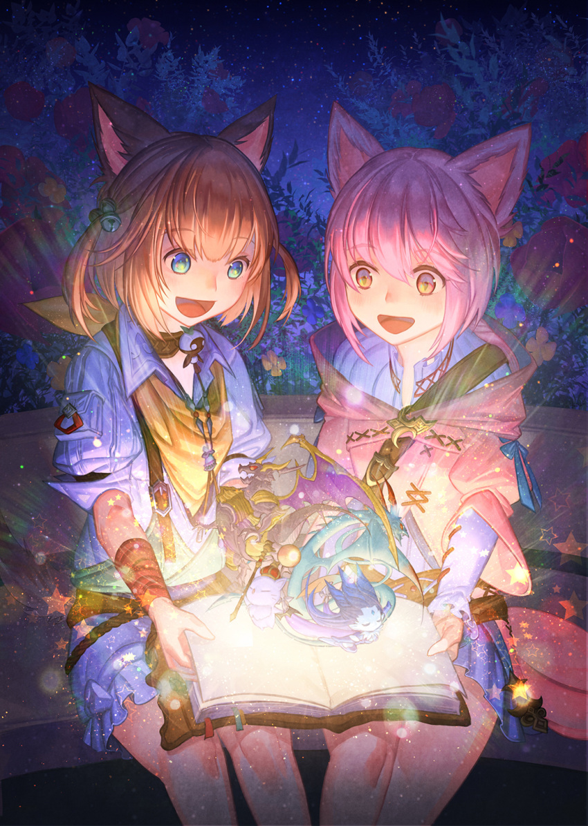 2girls animal_ears bahamut_(final_fantasy) bell blush book bookmark brown_hair cat_ears choker dragon final_fantasy final_fantasy_xiv flower hair_bell hair_between_eyes hair_ornament highres holding holding_book khloe_aliapoh leviathan_(final_fantasy) light_particles light_rays lolicon miqo'te moogle mt_(ringofive) multiple_girls night night_sky open_book open_mouth outdoors pink_eyes pink_hair pop-up_book red_flower shiva_(final_fantasy) sitting sky sleeves_rolled_up smile star_(sky) star_(symbol) starry_sky t'kebbe tongue