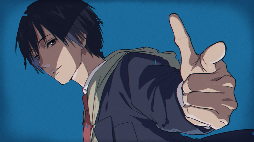 1boy bangs black_hair blazer blue_background blue_jacket brown_eyes collared_shirt commentary dutch_angle finger_gun glitch hair_between_eyes highres hood hood_down hoodie inuyashiki jacket long_sleeves looking_at_viewer male_focus necktie outstretched_arm parted_lips pointing pointing_at_viewer red_neckwear sayshownen school_uniform shadow shirt shishigami_hiro short_hair simple_background smile solo upper_body white_shirt