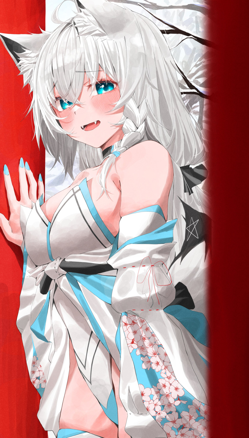 :d absurdres ahoge animal_ear_fluff animal_ears bare_shoulders blue_nails blush braid breasts cleavage commentary_request cowboy_shot detached_sleeves fangs female fox_ears fox_girl fox_tail green_eyes hair_between_eyes highres hololive leaning_to_the_side leotard long_hair long_sleeves looking_at_viewer medium_breasts nail_polish open_mouth outdoors pentagram shirakami_fubuki side_braid sidelocks single_braid smile solo tail tarutaru_(ryousuke) torii very_long_hair virtual_youtuber white_hair white_leotard wide_sleeves