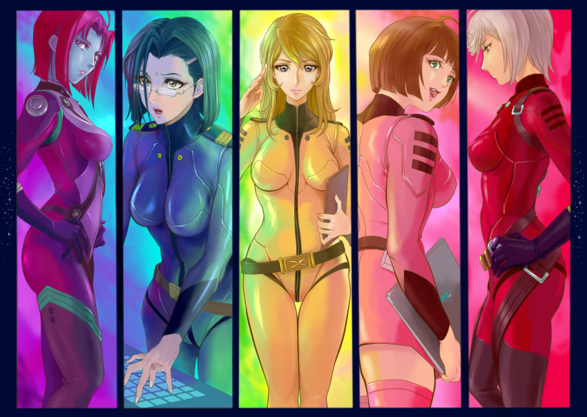 5girls alien blonde_hair bodysuit breasts brown_eyes closed_mouth glasses harada_makoto long_hair looking_at_viewer mai_(b9035796) melda_deitz military military_uniform mori_yuki multiple_girls niimi_kaoru pink_bodysuit skin_tight smile uchuu_senkan_yamato uchuu_senkan_yamato_2199 uchuu_senkan_yamato_2202:_ai_no_senshi-tachi uniform yamamoto_akira yellow_bodysuit