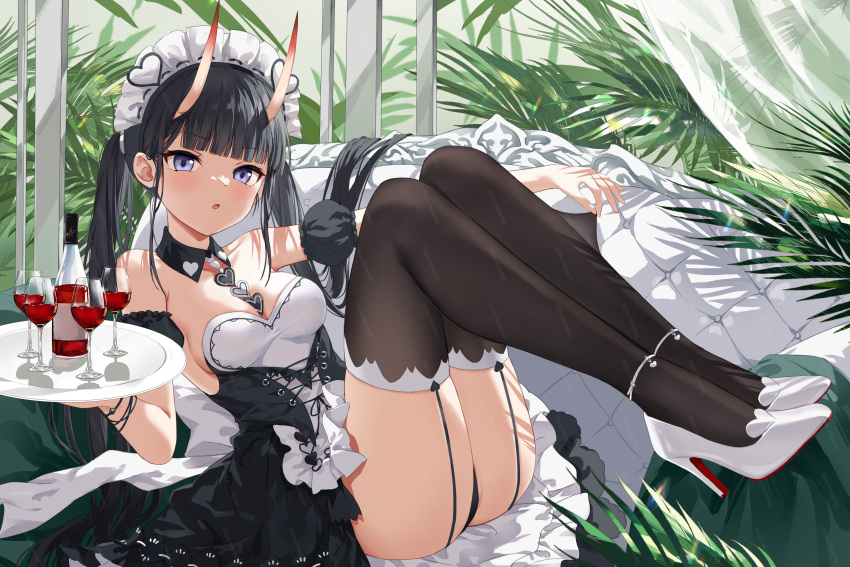 :o absurdres alcohol alternate_costume ass azur_lane bare_shoulders between_breasts black_dress black_hair black_panties black_thighhighs bottle breasts cleavage couch cup detached_collar detached_sleeves devil_heavens dress drinking_glass enmaided female garter_straps heart high_heels highres horns legs legs_up long_hair looking_at_viewer lying maid maid_headdress medium_breasts noshiro_(azur_lane) noshiro_(hold_the_ice)_(azur_lane) official_alternate_costume on_back on_couch oni_horns open_mouth panties purple_eyes reclining short_sleeves sidelocks solo strapless strapless_dress thighhighs thighs tray twintails underwear very_long_hair white_footwear wine wine_bottle wine_glass wing_collar