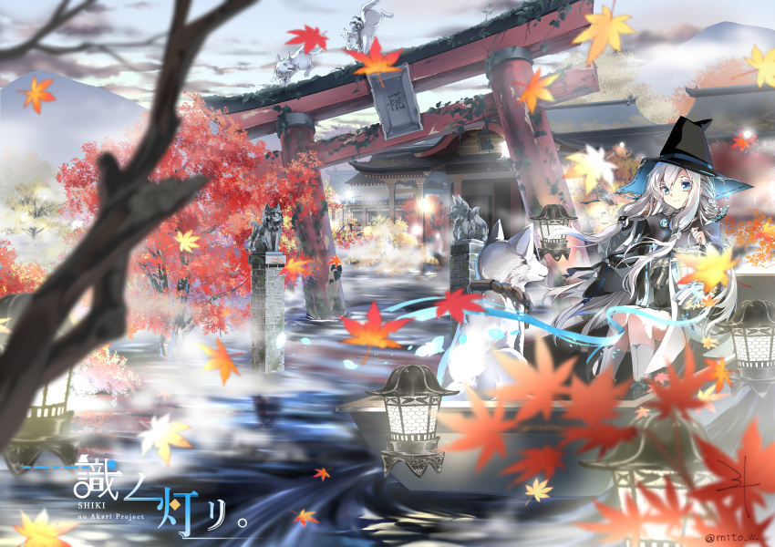 absurdres architecture autumn_leaves bad_id bad_pixiv_id black_coat black_hat black_kimono black_skirt blue_flower boat braid coat copyright_name crossed_bangs cube_hair_ornament detached_collar dice_hair_ornament east_asian_architecture falling_leaves female flower fog fox fox_statue gem grey_hair hair_ornament hat hat_flower highres japanese_clothes jewelry kimono leaf long_hair long_sleeves mito_w necklace off-shoulder_coat off_shoulder outdoors overgrown pleated_skirt ribbon-trimmed_headwear ribbon-trimmed_sleeves ribbon_trim river rope ruins shiki_no_akari shimenawa shrine sitting skirt socks solo statue talisman tomoshibi_no_majo torii tree two-sided_fabric two-sided_headwear very_long_hair watercraft white_socks wide_sleeves witch witch_hat yellow_flower