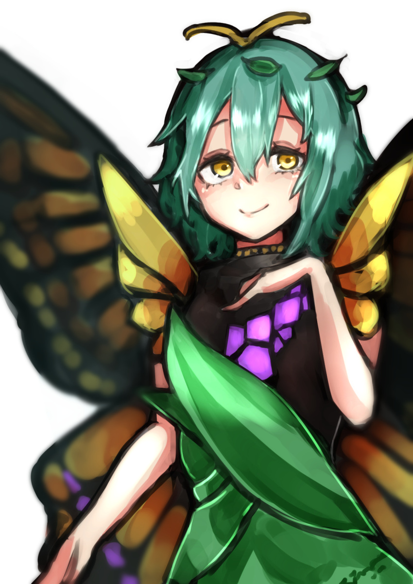 antennae aqua_hair bad_anatomy bad_arm butterfly_wings closed_mouth dress eternity_larva fairy female green_dress hair_between_eyes highres insect_wings leaf leaf_on_head multicolored_clothes multicolored_dress one-hour_drawing_challenge short_hair short_sleeves simple_background smile solo takena-c touhou upper_body white_background wings yellow_eyes