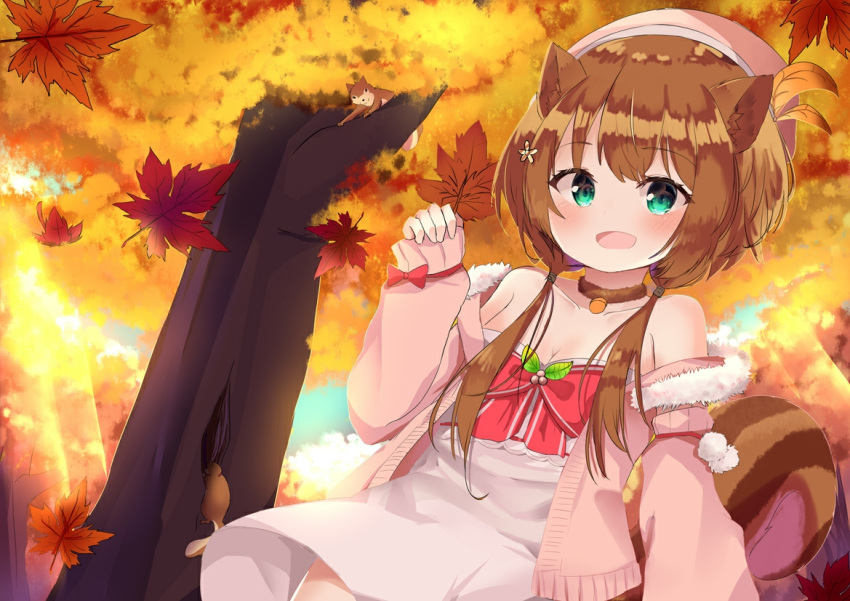 animal_ears autumn ayunda_risu ayunda_risu_(1st_costume) bad_id bad_pixiv_id blue_eyes blush breasts brown_hair cleavage commentary female hat hololive hololive_indonesia jacket leaf long_hair looking_at_viewer low_twintails narucchii open_mouth solo squirrel_ears squirrel_girl squirrel_tail tail tree twintails virtual_youtuber