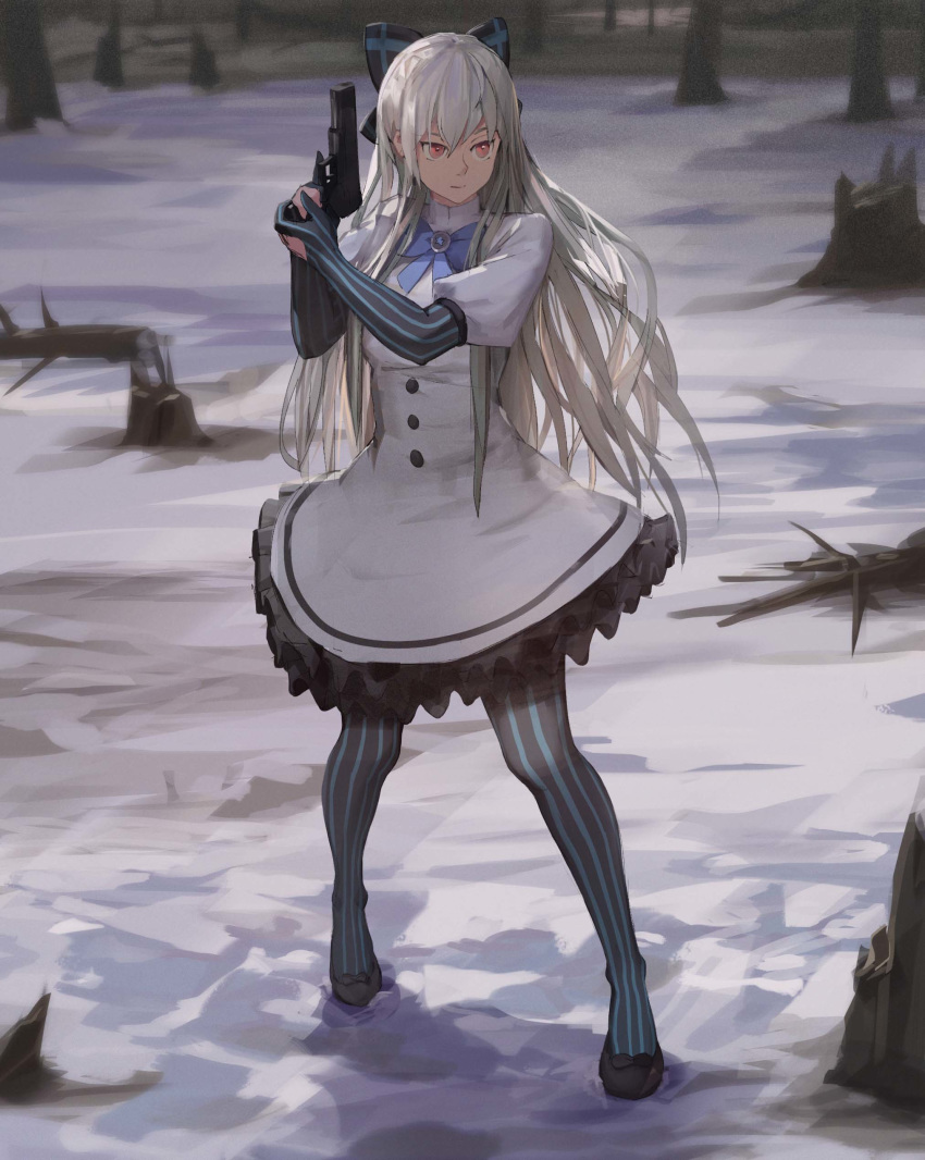 absurdres black_bow black_footwear blue_bow blue_pantyhose bow bowtie breasts closed_mouth collar commentary dress elbow_gloves female footwear_bow forest frilled_dress frills full_body girls'_frontline gloves gun hair_between_eyes hair_ornament hair_ribbon hairbow handgun highres holding holding_gun holding_weapon long_hair looking_away looking_down nature outdoors pantyhose partially_fingerless_gloves photoshop_(medium) puffy_short_sleeves puffy_sleeves red_eyes ribbon shoes short_sleeves smile snow solo standing striped_clothes striped_gloves striped_pantyhose tokarev_(girls'_frontline) tokarev_tt-33 trigger_discipline vertical-striped_clothes vertical-striped_gloves vertical-striped_pantyhose very_long_hair weapon white_dress white_hair winter xumi