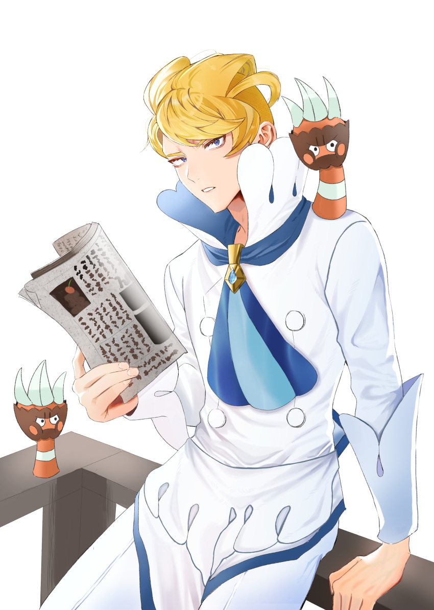 1boy absurdres apron arm_support ascot bad_id bad_pixiv_id binacle blonde_hair blue_ascot blue_eyes commentary_request fence high_collar highres holding holding_newspaper looking_at_viewer male_focus newspaper okuro_zmzm pants parted_lips partial_commentary pokemon pokemon_(creature) pokemon_xy shirt short_hair siebold_(pokemon) sitting white_pants white_shirt