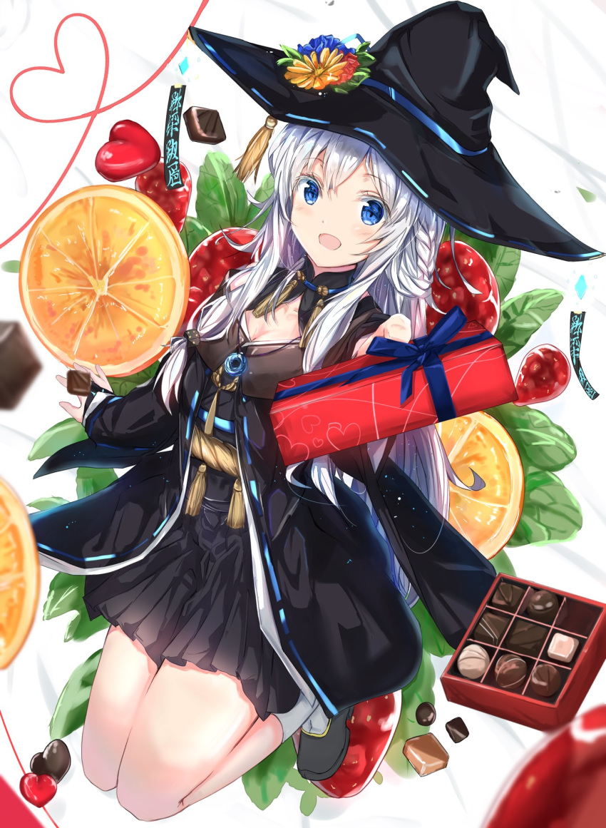 :d bad_id bad_pixiv_id black_coat black_footwear black_hat black_kimono black_skirt blue_bow blue_eyes blue_flower bow box box_of_chocolates braid breasts chocolate cleavage coat crossed_bangs cube_hair_ornament detached_collar dice_hair_ornament female floating flower food fruit gem grey_hair hair_ornament hat hat_flower heart heart_of_string highres holding holding_box japanese_clothes jewelry kimono long_hair long_sleeves looking_at_viewer mint na_kyo necklace off-shoulder_coat off_shoulder open_mouth orange_(fruit) orange_slice outstretched_hand pleated_skirt ribbon-trimmed_sleeves ribbon_trim rope shiki_no_akari shoes skirt smile socks solo strawberry string string_of_fate talisman tomoshibi_no_majo valentine very_long_hair white_socks wide_sleeves witch witch_hat yellow_flower