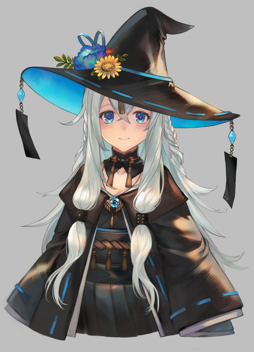 bad_id bad_pixiv_id bare_shoulders black_coat black_hat black_skirt blue_eyes blue_flower braid coat crossed_bangs cube_hair_ornament detached_collar dice_hair_ornament female flower gem grey_background grey_hair hair_ornament hat hat_flower highres long_hair long_sleeves looking_at_viewer off-shoulder_coat off_shoulder pleated_skirt ribbon-trimmed_coat ribbon-trimmed_headwear ribbon-trimmed_sleeves ribbon_trim shiki_no_akari sidelocks skirt smile solo talisman tomoshibi_no_majo two-sided_fabric two-sided_headwear uonomeuroko upper_body very_long_hair witch_hat