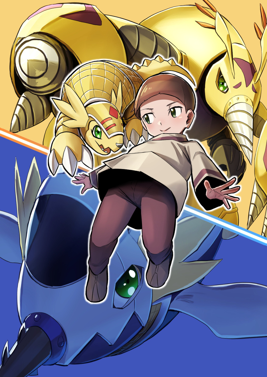 absurd_res armadillomon bandai_namco bowl_cut brown_hair claws cody_hida digimon digimon_(species) digmon duo evolutionary_family feral green_eyes hair hase_popopo hi_res human male mammal smile submarimon yellow_body young