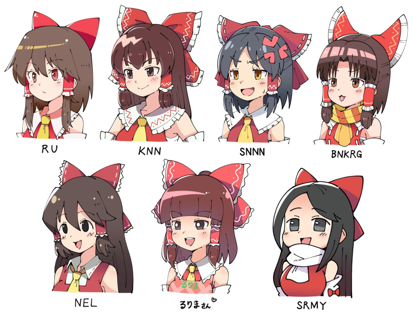 6+girls :3 :d anger_vein apron ascot benikurage_(cookie) black_hair blunt_bangs blush bow breasts bright_pupils brown_eyes brown_hair character_name closed_mouth clothes_writing collared_shirt commentary_request cookie_(touhou) detached_sleeves empty_eyes expressionless frilled_bow frilled_hair_tubes frilled_shirt_collar frills hair_between_eyes hair_tubes hairbow hakurei_reimu highres kanna_(cookie) large_breasts long_bangs long_hair medium_bangs medium_breasts medium_hair multiple_girls necktie noel_(cookie) open_mouth orange_scarf parted_bangs pink_apron red_bow red_eyes red_shirt reu_(cookie) rurima_(cookie) sananana_(cookie) sarashi scarf shiromiya_rei shirt short_hair sidelocks simple_background sleeveless sleeveless_shirt small_breasts smile sn_(zigzagspark6) striped_clothes striped_scarf swept_bangs teeth touhou upper_body upper_teeth_only white_background white_pupils white_scarf white_sleeves yellow_ascot yellow_eyes yellow_necktie yellow_scarf