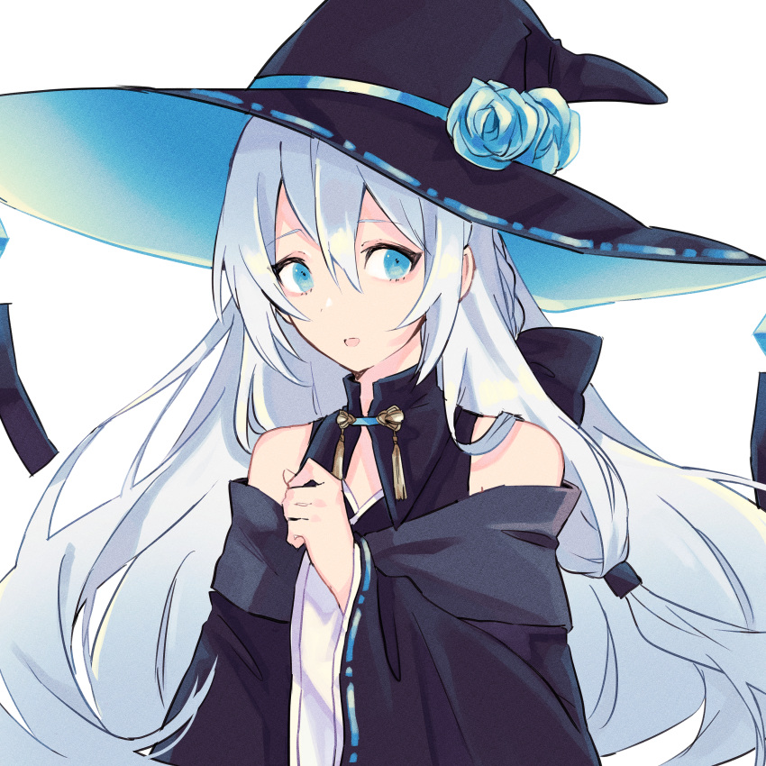 :o absurdres bad_id bad_pixiv_id bare_shoulders black_bow blue_eyes bow braid clenched_hand coat detached_collar female gem hairbow hat highres long_hair long_sleeves looking_at_viewer minamo_(usada) off-shoulder_coat off_shoulder ribbon-trimmed_headwear ribbon-trimmed_sleeves ribbon_trim shiki_no_akari simple_background solo talisman tomoshibi_no_majo two-sided_fabric two-sided_headwear upper_body very_long_hair white_background white_hair wide_sleeves witch_hat