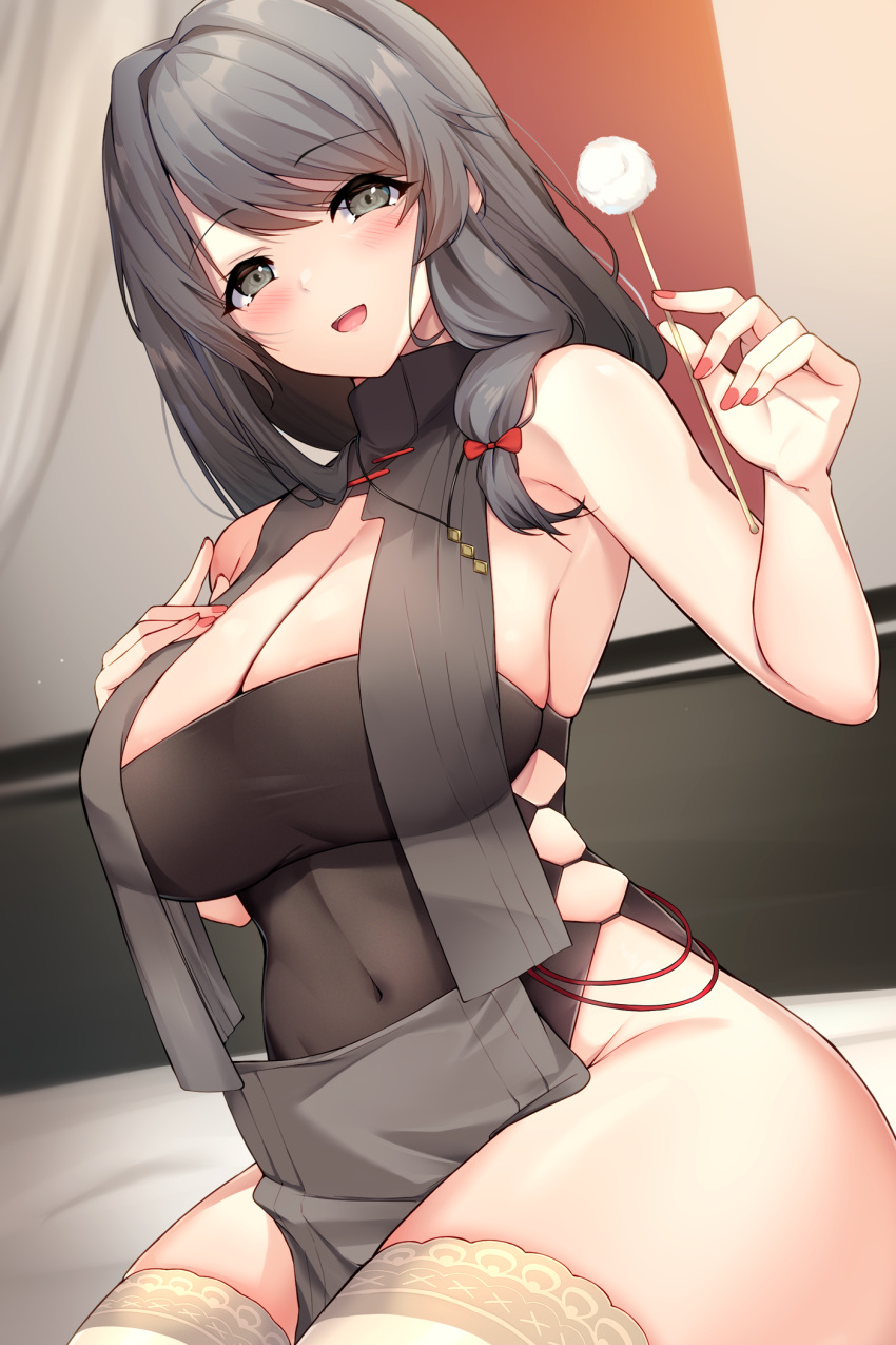 azur_lane breast_curtains breasts charybdis_(azur_lane) charybdis_(red_chamber_of_healing)_(azur_lane) cleavage female grey_eyes grey_hair highres huge_breasts indoors long_hair looking_at_viewer mimikaki no_panties official_alternate_costume on_bed ranju_aira sitting sleeveless solo thighhighs thighs white_thighhighs