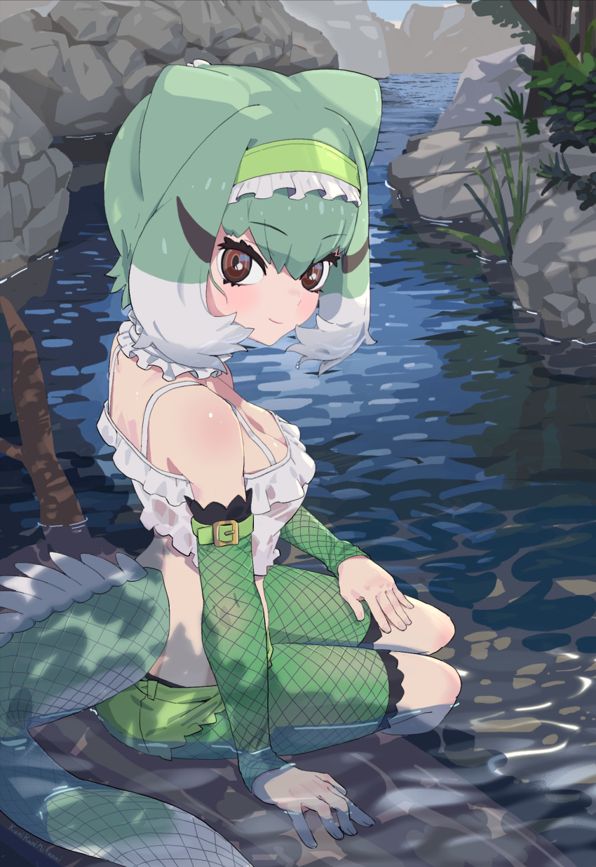 bare_shoulders bike_shorts bike_shorts_under_shorts blush brown_eyes chinese_water_dragon_(kemono_friends) crop_top detached_sleeves frilled_shirt frills green_hair green_hairband green_shorts green_sleeves hair_between_eyes hairband highres kemono_friends kunikuni_(kunihiro2005) lizard_tail looking_at_viewer midriff multicolored_hair reptile_girl shirt short_hair short_shorts shorts sidelocks sitting smile spaghetti_strap stream tail wading water white_hair white_shirt