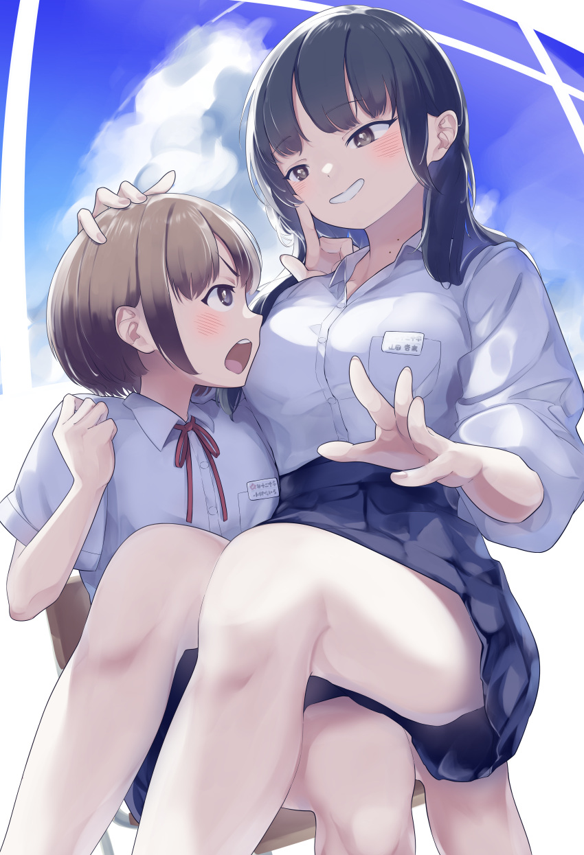 2girls absurdres blue_skirt blush boku_no_kokoro_no_yabai_yatsu brown_eyes brown_hair collared_shirt colored_tips grin hand_on_another's_head highres kobayashi_chihiro_(bokuyaba) long_hair looking_at_another miniskirt mole mole_on_neck multicolored_hair multiple_girls multiple_moles name_tag neck_ribbon open_mouth pleated_skirt red_ribbon ribbon school_uniform shirt short_hair sitting sitting_on_lap sitting_on_person skirt smile tamagore thighs white_shirt yamada_anna yuri