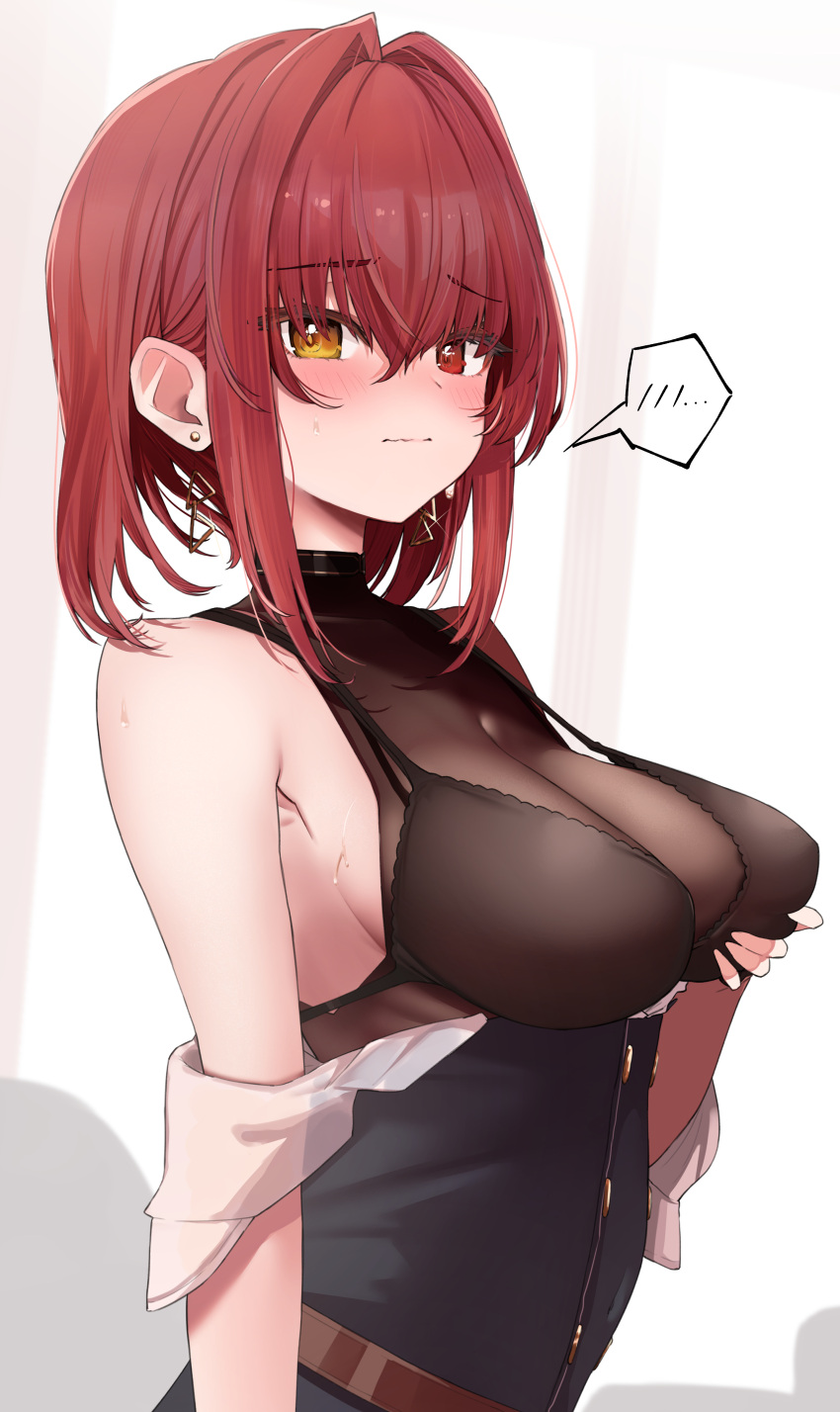 absurdres bare_shoulders blush breasts cleavage female fingerless_gloves gloves hair_between_eyes heterochromia highres hololive houshou_marine houshou_marine_(businesswoman) large_breasts looking_at_viewer official_alternate_costume red_eyes red_hair see-through see-through_cleavage shirt short_hair solo virtual_youtuber yellow_eyes yuzuyukiha