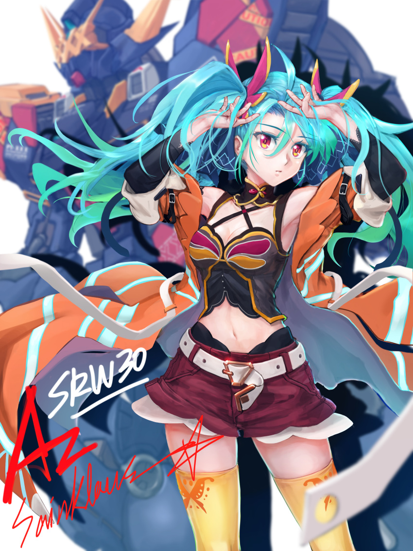 absurdres az_sainklaus blue_hair female hair_behind_ear highres huckebein_30 jacket mecha orange_jacket orange_sweater red_eyes red_shorts robot shorts solo sterben super_robot_wars super_robot_wars_30 sweater