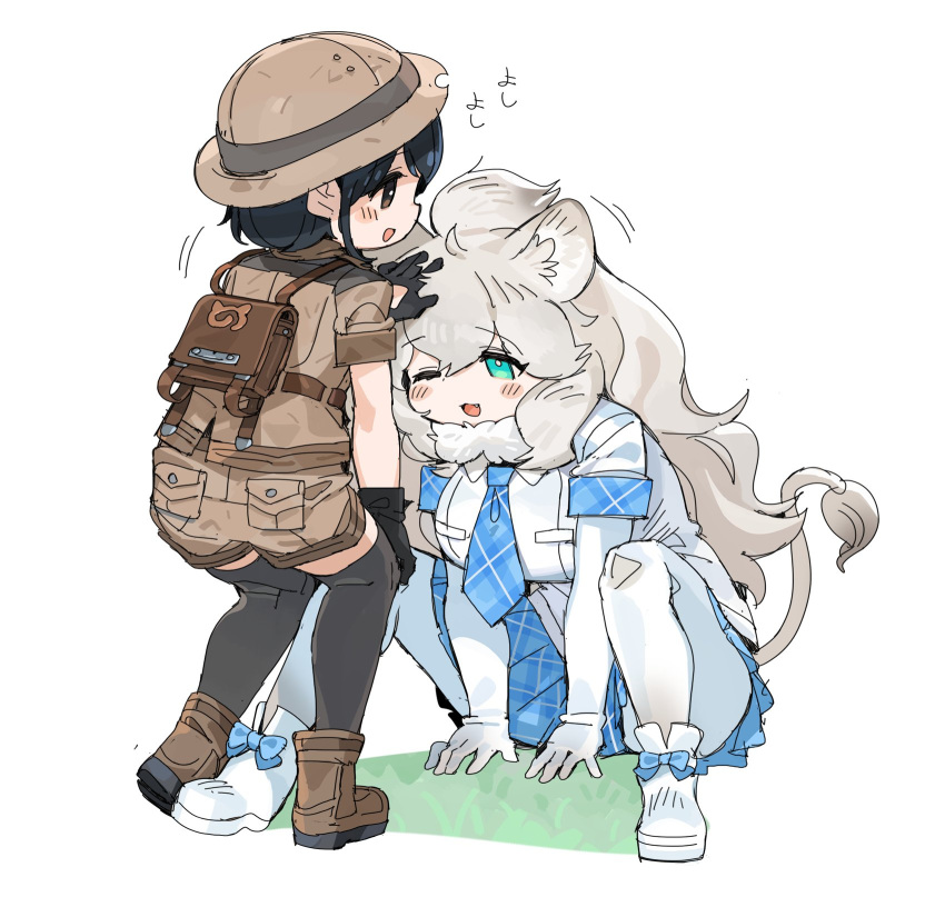 2girls :3 animal_ears backpack bag big_hair black_gloves black_hair black_thighhighs blue_bow blue_eyes blue_necktie blue_skirt blush boots bow brown_eyes brown_footwear captain_(kemono_friends) collared_shirt commentary elbow_gloves footwear_bow gloves hand_on_another's_head helmet highres jacket japari_symbol kemono_friends kemono_friends_3 lion_ears lion_girl lion_tail long_hair miniskirt multiple_girls necktie oerba_yun_fang one_eye_closed open_mouth pantyhose pith_helmet plaid plaid_necktie plaid_skirt plaid_trim pleated_skirt safari_jacket shirt short_hair short_sleeves skirt spawnfoxy squatting tail thighhighs uniform white_footwear white_gloves white_hair white_lion_(kemono_friends) white_pantyhose white_shirt