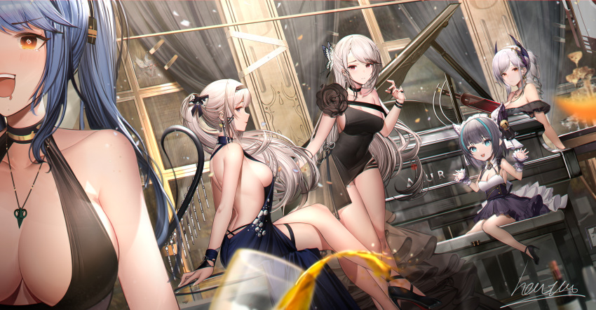 5girls absurdres azur_lane bare_back bare_shoulders black_dress breasts cheshire_(azur_lane) chibi crossed_legs cup dress drinking_glass dunkerque_(azur_lane) essex_(azur_lane) essex_(craft_fairytail)_(azur_lane) giulio_cesare_(azur_lane) heatia highres instrument jewelry little_cheshire_(azur_lane) long_hair mainz_(azur_lane) marco_polo_(azur_lane) md5_mismatch medium_breasts multiple_girls necklace official_alternate_costume piano sideboob sitting thighs very_long_hair white_hair