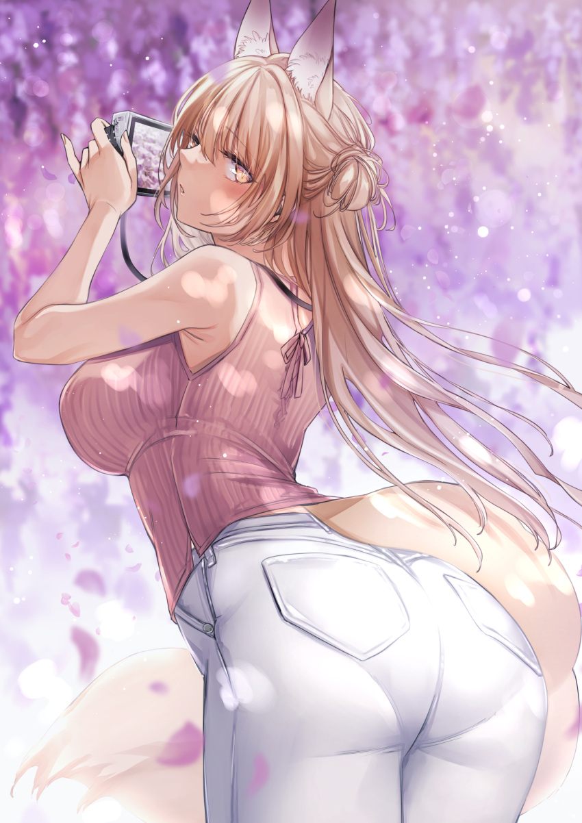 animal_ears ass bare_shoulders blush breasts brown_hair camera cherry_blossoms cowboy_shot day female fox_ears fox_girl fox_tail from_behind hair_between_eyes hands_up highres holding holding_camera large_breasts long_hair looking_at_viewer looking_back original outdoors pants pantylines parted_lips petals pink_shirt ribbed_sweater shirt shizu-chan sidelocks sleeveless sleeveless_sweater solo standing sweater tail thighs very_long_hair white_pants yellow_eyes yukibuster_z