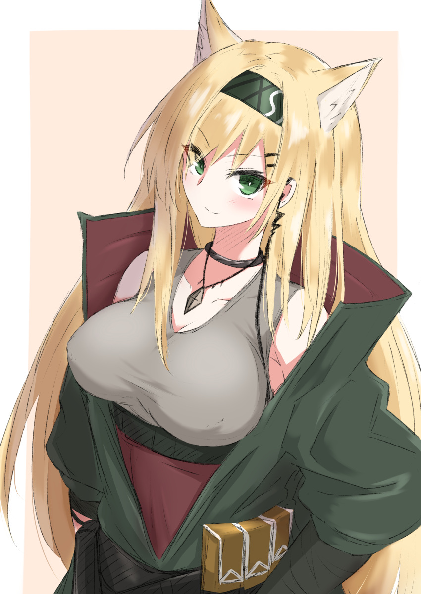 absurdres animal_ears arknights black_hairband blonde_hair breasts bright_pupils commentary_request female green_eyes green_jacket grey_tank_top hair_ornament hairband hairclip highres horn_(arknights) jacket large_breasts long_hair looking_at_viewer maiq06 pouch simple_background smile solo tank_top upper_body wolf_ears