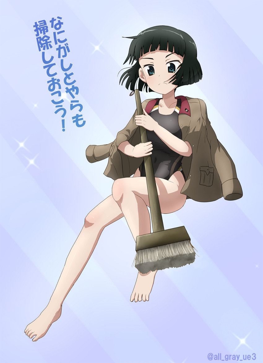 barefoot black_eyes black_hair black_one-piece_swimsuit blue_background blunt_bangs blunt_ends bob_cut broom brown_jacket chi-hatan_military_uniform closed_mouth commentary_request competition_swimsuit diagonal_stripes female floating frown girls_und_panzer haiiro_purin highres holding holding_broom jacket jacket_on_shoulders knee_up light_blush nishihara_yasoko one-piece_swimsuit partial_commentary short_hair solo sparkle striped striped_background swimsuit translated twitter_username