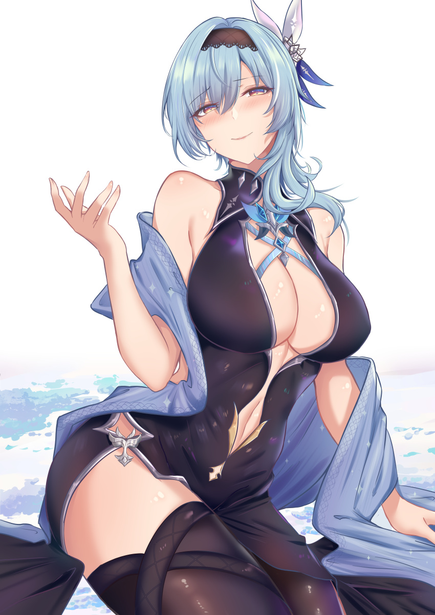 absurdres alternate_costume bare_shoulders black_dress black_hairband black_thighhighs blue_hair blush breasts commentary_request dress eula_(genshin_impact) female genshin_impact hair_between_eyes hair_ornament hairband hand_up highres hiroshi_(2443303124) large_breasts long_hair looking_at_viewer shawl simple_background sleeveless sleeveless_dress smile solo thighhighs thighs white_background