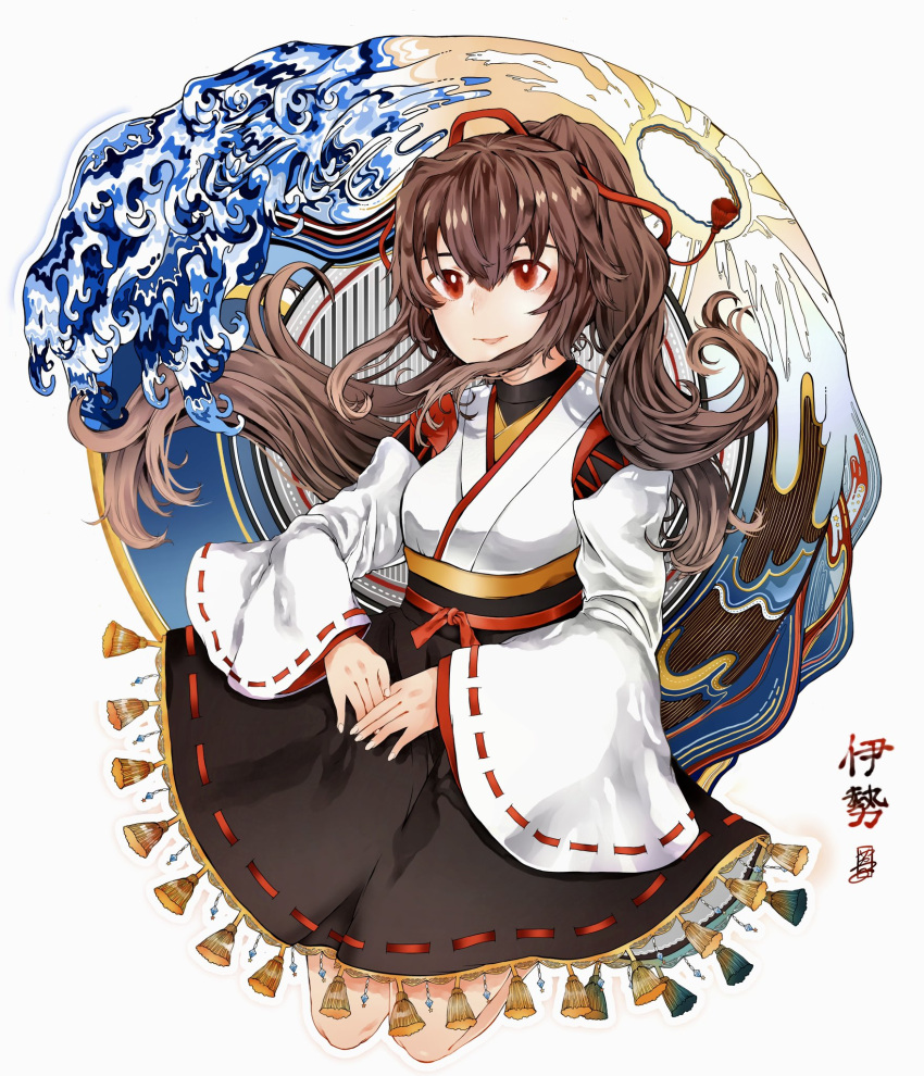 adapted_costume alternate_sleeve_length brown_eyes brown_hair brown_hakama female full_body hair_ribbon hakama highres ise_(kancolle) ise_kai_ni_(kancolle) japanese_clothes jitsukawa_ashi kantai_collection long_hair ponytail ribbon solo undershirt