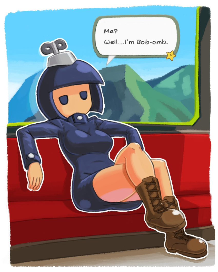 black_eyes black_hair bob-omb bobby_(paper_mario) boots clothing dress english_text female footwear gameplay_mechanics hair hi_res humanoid looking_at_viewer mario_bros minus8 monster_girl_(genre) nintendo not_furry paper_mario sitting solo star text wind-up_key