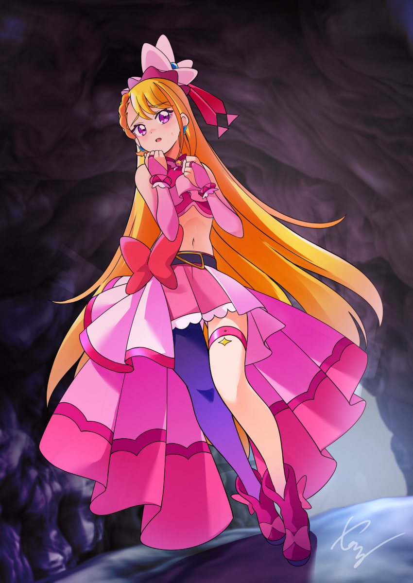 absurdres artist_name asymmetrical_bangs belt black_belt blonde_hair boots bow_skirt braid braided_bangs bridal_gauntlets brooch butterfly_hat_ornament cave commentary_request commission cure_butterfly earrings elbow_gloves female frown full_body gloves hat_ornament highres hijiri_ageha hirogaru_sky!_precure jewelry long_hair looking_at_viewer magical_girl microskirt midriff navel open_mouth overskirt pantyhose partial_commentary pink_footwear pink_gloves pink_headwear pink_shirt pink_skirt pleated_skirt precure purple_eyes purple_pantyhose scared shirt signature single_leg_pantyhose skeb_commission skirt sleeveless sleeveless_shirt solo standing sweatdrop swept_bangs thigh_strap tirofinire very_long_hair wing_brooch