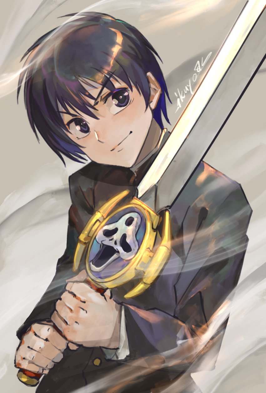 1boy absurdres black_eyes black_hair closed_mouth dust dust_cloud highres holding holding_sword holding_weapon ikuyoan kyou_kara_maou! male_focus school_uniform shibuya_yuuri signature smile solo sword uniform weapon