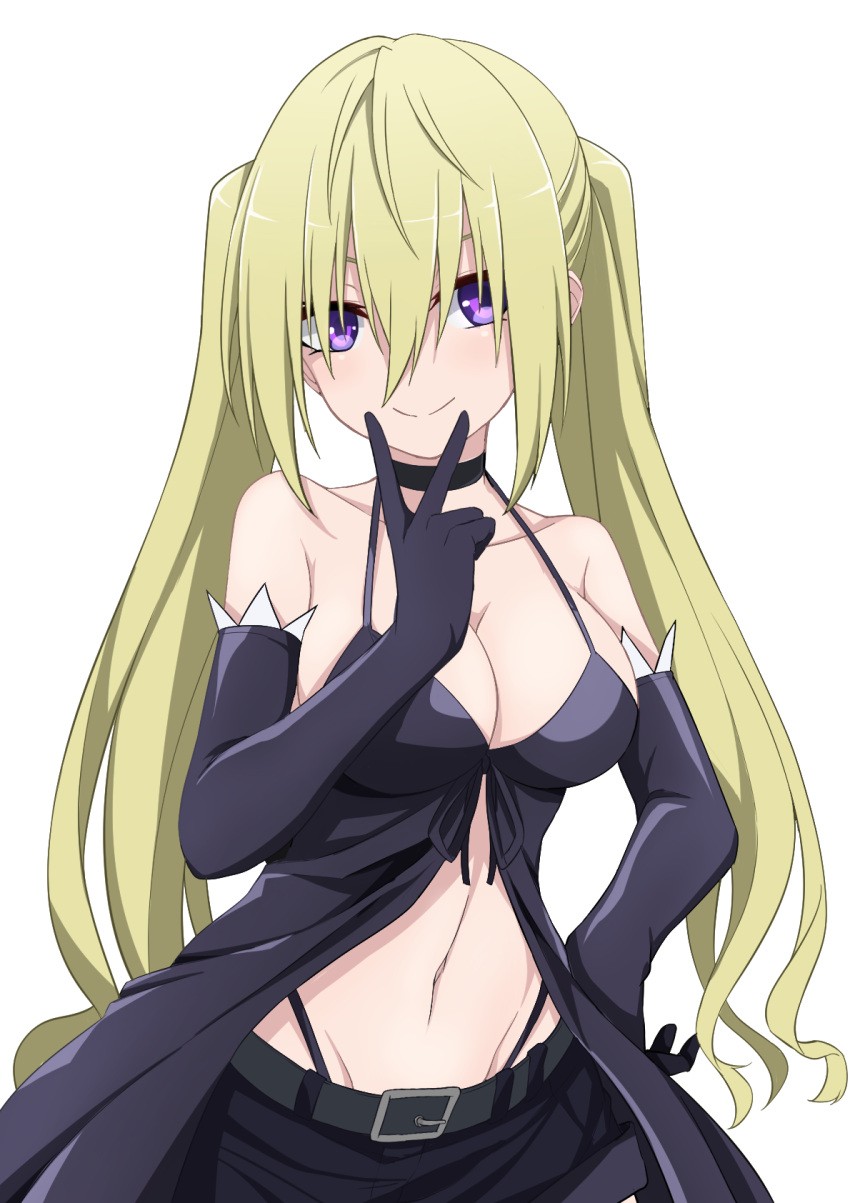 bare_shoulders belt black_choker blonde_hair breasts choker cleavage closed_mouth collarbone commentary cowboy_shot elbow_gloves eyes_visible_through_hair female gloves hair_between_eyes hand_on_own_hip highres large_breasts lieselotte_sherlock long_hair looking_at_viewer low_twintails navel purple_eyes ruisuke simple_background smile solo split_mouth trinity_seven twintails v