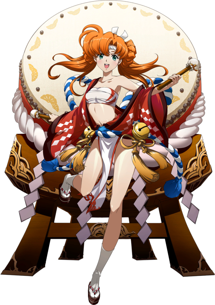 :d bare_legs blue_eyes breasts chest_sarashi collarbone female floating_hair full_body hair_intakes highres holding langrisser langrisser_iii long_hair looking_at_viewer midriff navel official_art orange_hair sarashi shiny_skin small_breasts smile solo standing standing_on_one_leg stomach tabi third-party_source tiaris_(langrisser) transparent_background twintails white_legwear