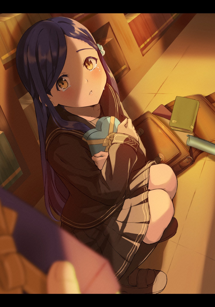 black_sailor_collar black_serafuku black_shirt black_socks blue_hair blurry blurry_foreground blush box brown_footwear collarbone collared_shirt commentary_request crying crying_with_eyes_open female film_grain gift gift_box grey_skirt hair_ornament heart-shaped_box highres holding holding_box honzuki_no_gekokujou kneehighs library long_hair long_sleeves looking_at_viewer miniskirt myne_(honzuki_no_gekokujou) parted_bangs pleated_skirt pov sailor_collar sailor_shirt school_uniform serafuku shirt skirt socks solo_focus tears very_long_hair yellow_eyes yumeha_tseru