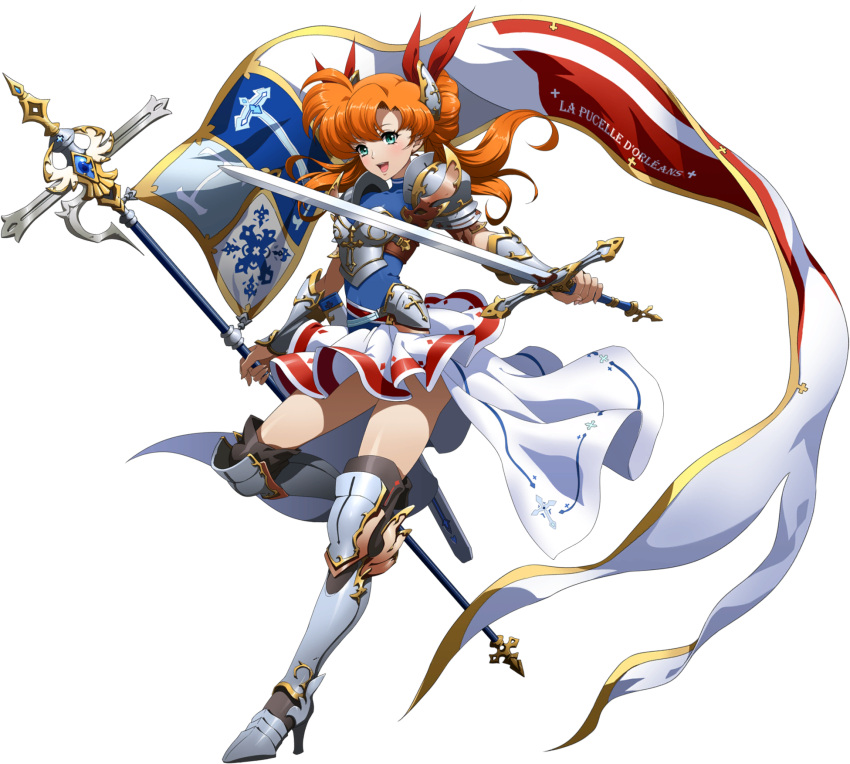 :d armor armored_boots banner blue_shirt boots bow breastplate female floating_hair full_body hairbow high_heel_boots high_heels highres holding holding_sword holding_weapon langrisser langrisser_iii long_hair miniskirt official_art orange_hair pleated_skirt red_bow shiny_skin shirt shoulder_armor skirt smile solo standing standing_on_one_leg sword third-party_source tiaris_(langrisser) transparent_background turtleneck twintails weapon white_skirt