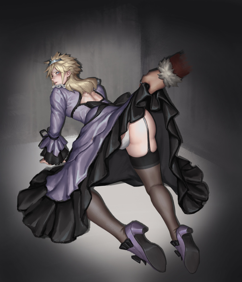 2boys absurdres all_fours ass black_dress black_legwear blue_eyes clothes_lift cloud_strife cloud_strife_(ball_gown) commentary_request crossdressing don_corneo dress dress_lift final_fantasy final_fantasy_vii final_fantasy_vii_remake frilled_dress frills from_behind full_body garter_straps high_heels highres legs long_hair looking_back multicolored_clothes multicolored_dress multiple_boys out_of_frame panties pantyshot parted_lips photoshop_(medium) purple_dress purple_footwear shadow sidelocks skindentation skyfiss thighhighs tiara underwear wide_sleeves