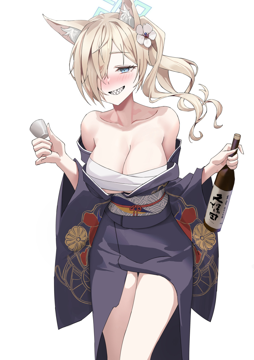 absurdres animal_ear_fluff animal_ears bare_shoulders blonde_hair blue_archive blue_eyes blue_halo blush bottle breasts chest_sarashi collarbone cup dog_ears dog_girl drunk espresso_1004 female flower hair_flower hair_ornament hair_over_one_eye halo highres holding holding_bottle holding_cup japanese_clothes kanna_(blue_archive) kimono large_breasts obi ponytail purple_kimono sarashi sash sharp_teeth simple_background solo teeth white_background white_flower